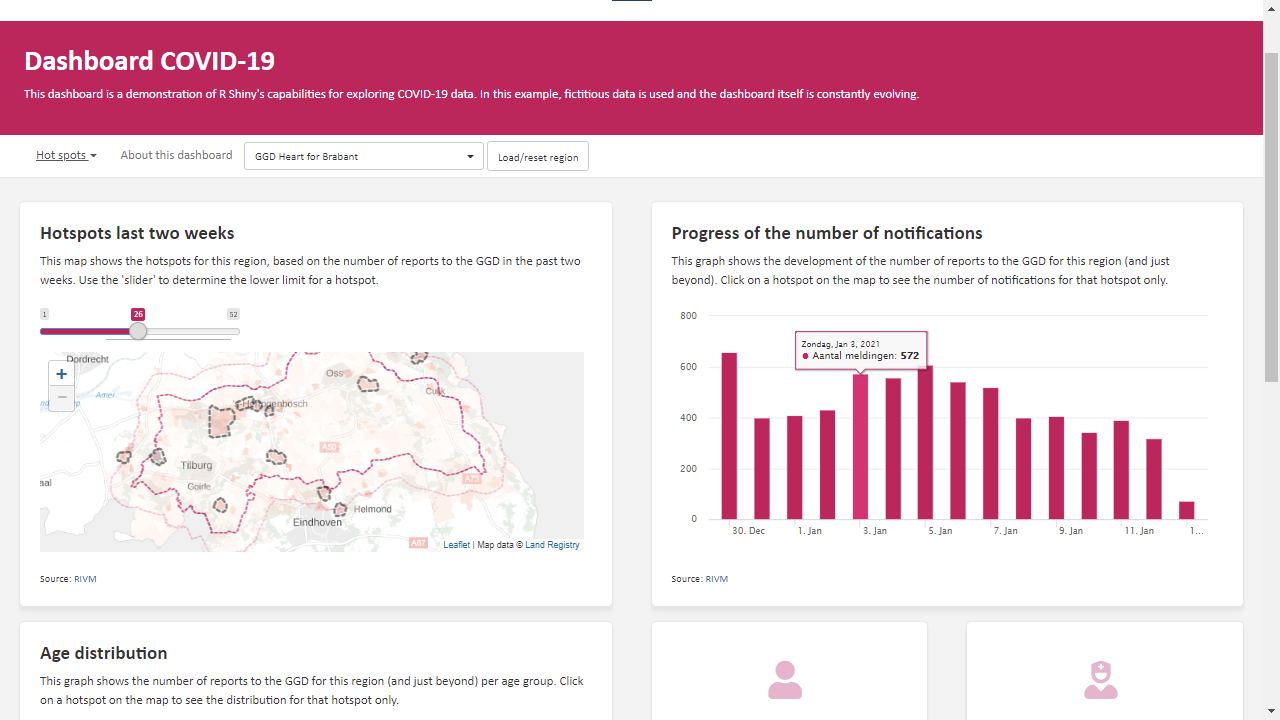 COVID-19 Shiny App COVID-19 dashboard with a map showing hotspots on the left and progress of notifications on the right