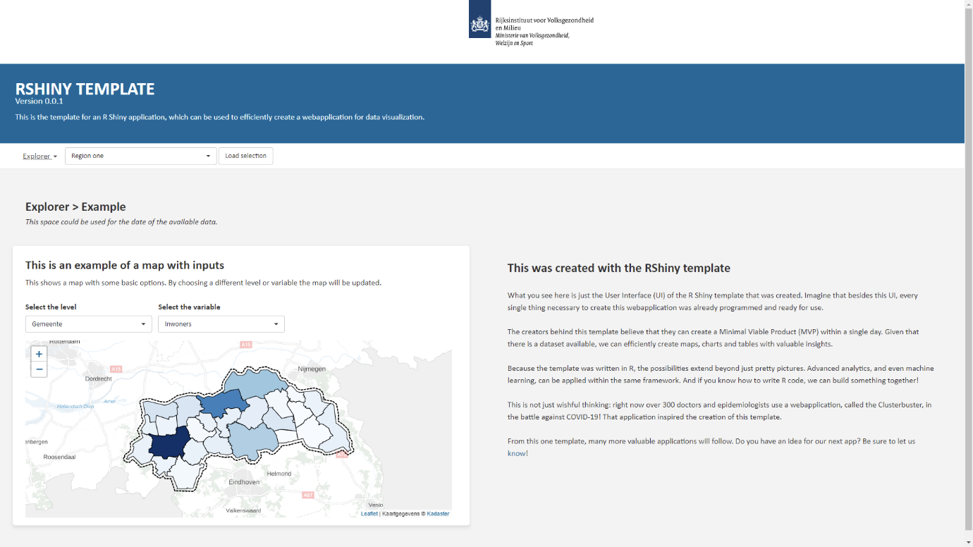 COVID-19 Shiny App Template of COVID-19 Clusterbuster dashboard with a map on the left and text on the right