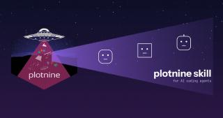The plotnine hex logo on the left — a UFO over a starry sky beaming a violet tractor beam onto small data-visualization icons, labelled 'plotnine'. The beam extends across a dark, starlit canvas to three minimalist robot faces representing AI agents getting progressively happier. Wordmark on the right reads 'plotnine skill — for AI coding agents.'