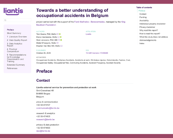 Webpage for a report titled &lsquo;Towards a better understanding of occupational accidents in Belgium,&rsquo; published by Liantis on October 29, 2025.