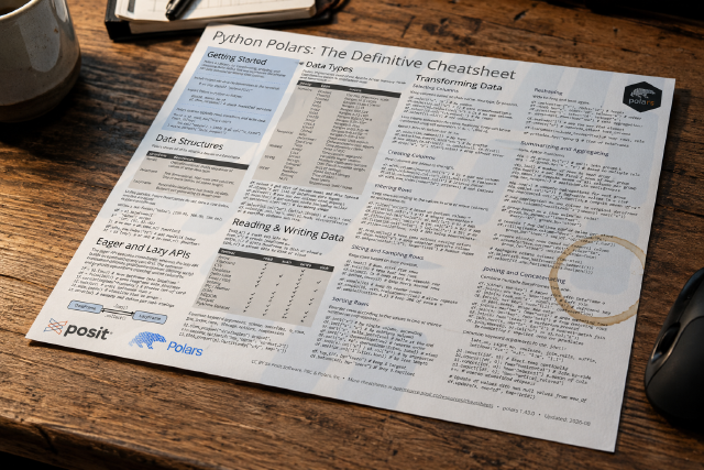 A close-up, angled view of a wooden desk with a printed 'Python Polars: The Definitive Cheatsheet' resting on it.
